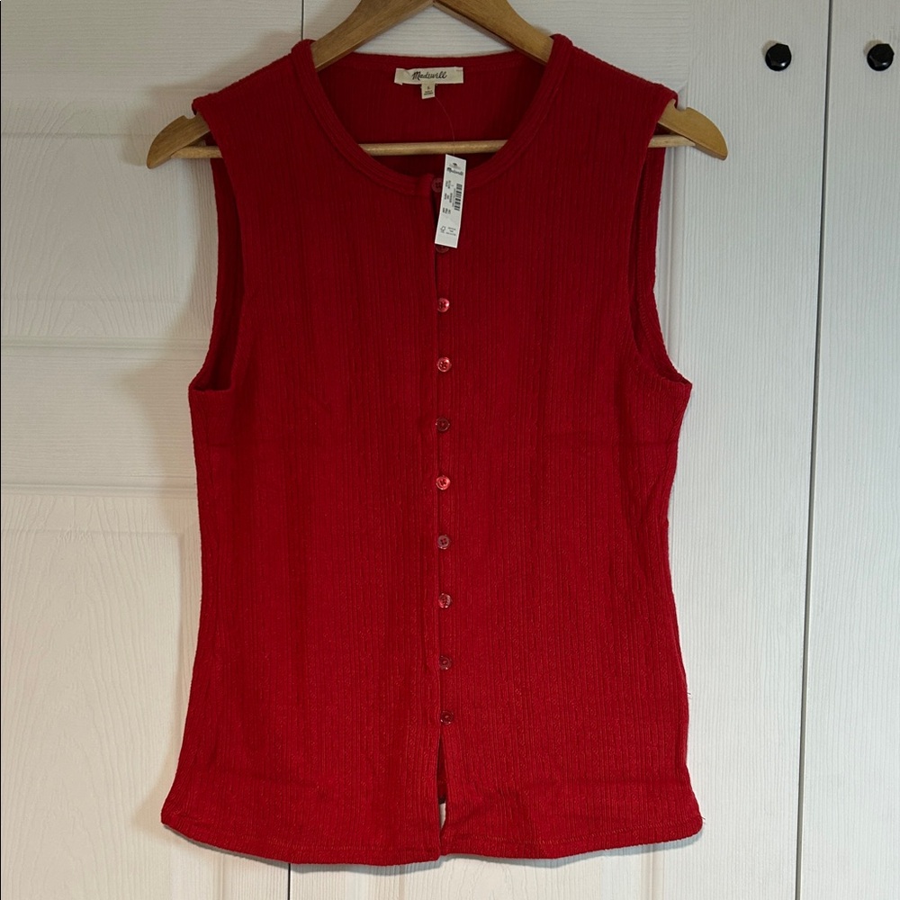 NWT- Madewell Bright Red Ribbed Button-Front Tank - Picture 2 of 6